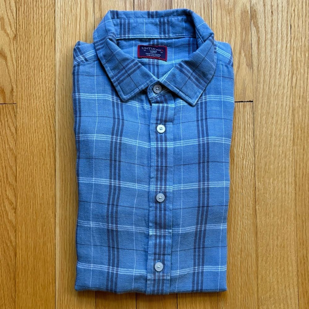 UNTUCKit Men’s Long Sleeve Dress Shirt Cotton Linen Slim Fit Large Blue Plaid